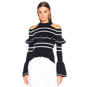 Self Portrait Cold Shoulder Frill Stripe Knit Top Navy